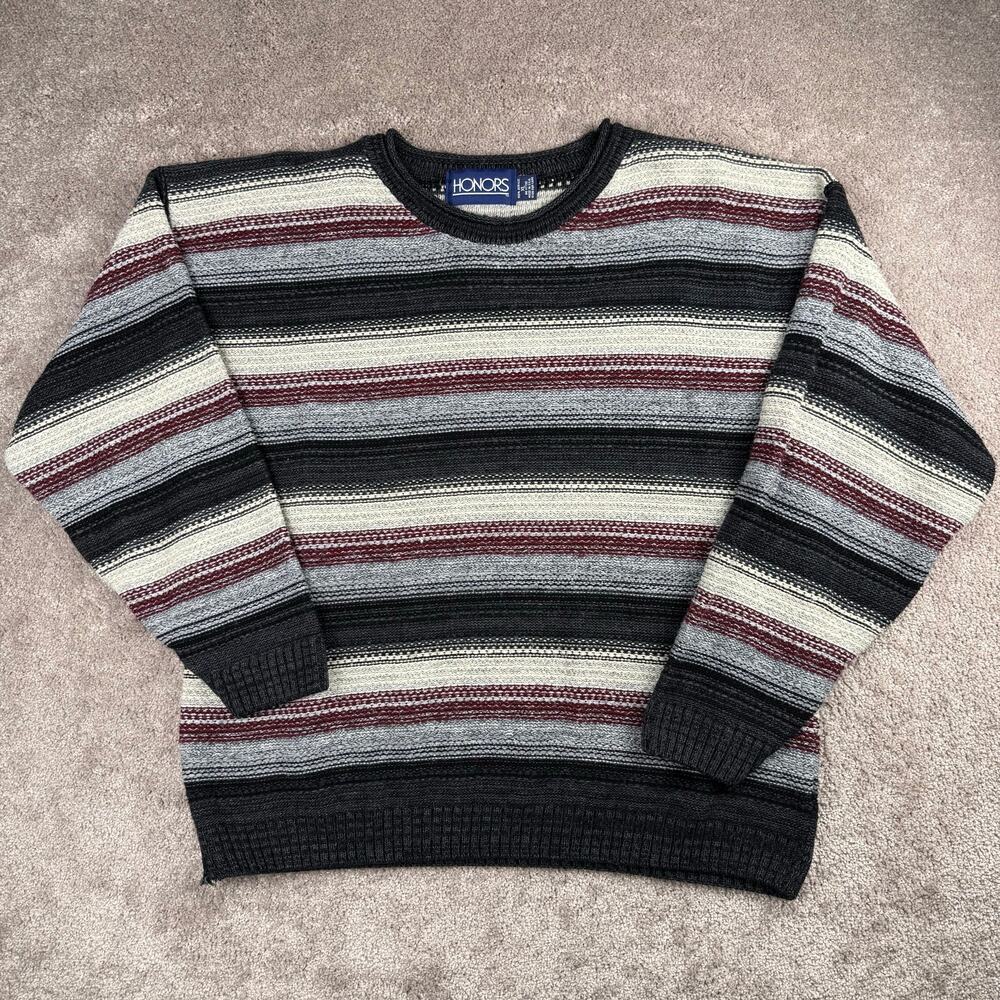 Honors Striped Crew Neck Sweater Size XL Gray Burgundy Cream Acrylic Vintage 90s